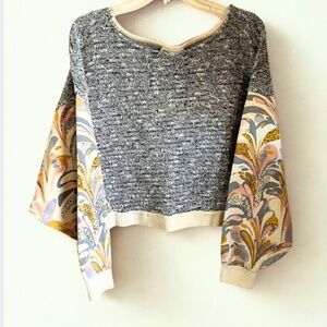 Anthropologie Gray Knit Crewneck Sweater with Multicolor Patterned Bell Sleeves